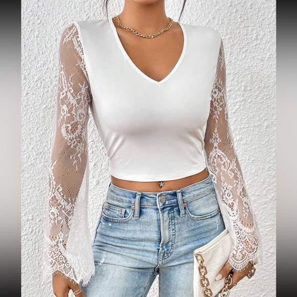 White Boho Sheer Mesh Lace Flare Sleeve Open Back Tie Cropped Top - Picture 2 of 6